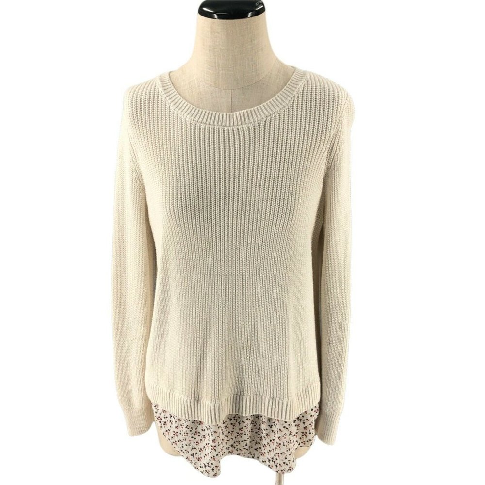 LOFT Womens Sweater Medium Ivory Knit Blouse Attached Pullover Long Sleeve Adult